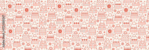 Colourful seamless pattern with cute cartoon winter hats. Banner. Vector illustration