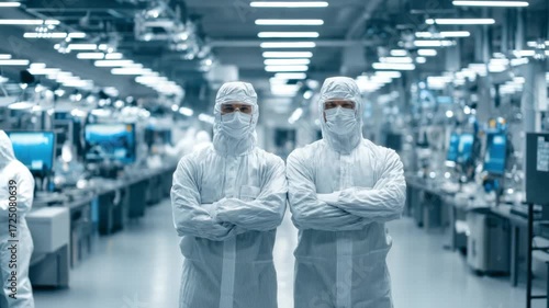 Two scientists wear cleanroom suits and masks as they stand confidently in a high-tech laboratory. The environment is organized with advanced equipment all around them