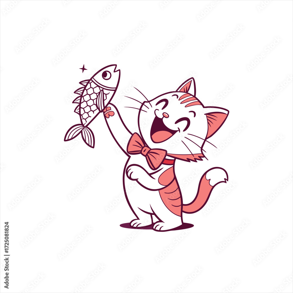 Obraz premium Happy cartoon cat wearing a bow tie holding a fish