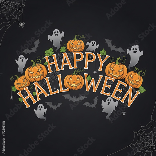 Festive Happy Halloween greeting design with smiling jack-o'-lanterns, cute ghosts, and spooky bats on a dark background