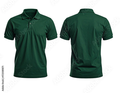 Deep forest green polo shirt, front and back views