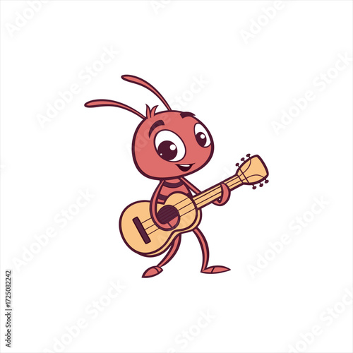 Cute cartoon ant playing a guitar with a happy expression