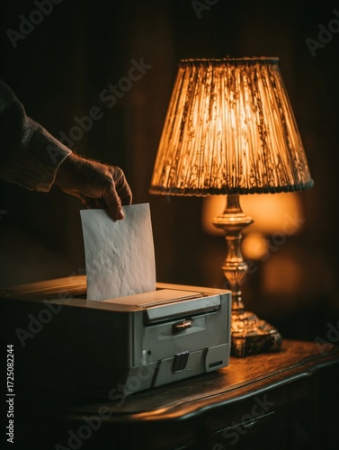hand inserting paper into home printer beside warm lamp