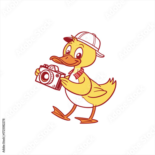Cute cartoon duckling wearing a cap and scarf holding a camera
