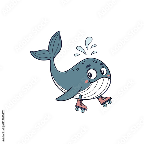 Cute cartoon whale wearing roller skates and spraying water
