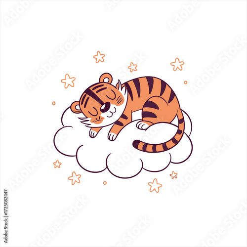Cute cartoon tiger sleeping peacefully on a fluffy cloud with stars