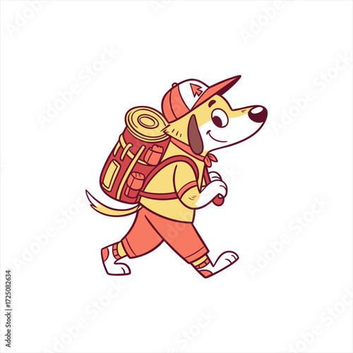 Cartoon dog hiker with backpack and hat walking happily