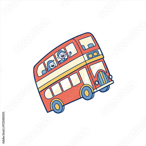 Happy cartoon people waving from a red double decker bus