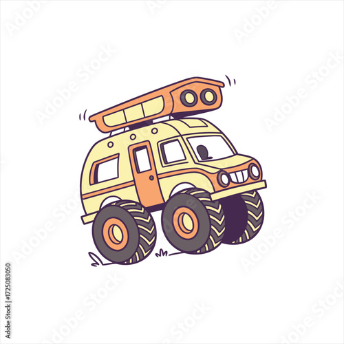 Cute cartoon monster truck camper van with large tires and roof rack