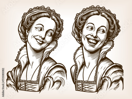 renaissance woman shown twice side by side, one with a serene smile, humorous contrasts sketch engraving generative ai fictional character vector illustration. Scratch board. Black and white image.