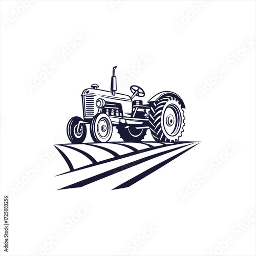 Vintage tractor illustration on a stylized farm field