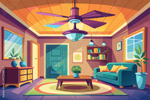 vector of with a ceiling fan with a chandelier,
Have a pleasant air and a bright space.
The most stylish companion for your home decoration.