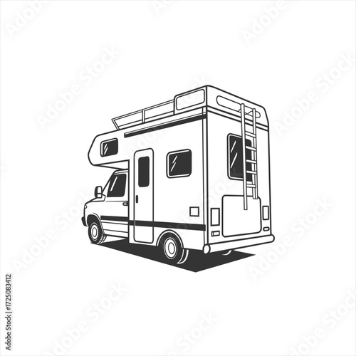Line art illustration of a recreational vehicle camper van with a ladder and roof rack