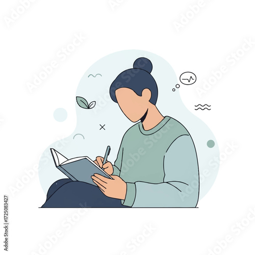A young woman with a bun sits cross-legged writing in a notebook with a pen surrounded by floating shapes and leaves on a soft blue background.