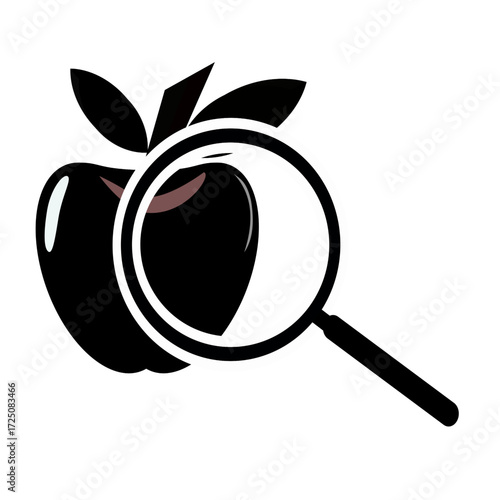 Agricultural research vector icon.. Apple and magnifying glass glyph icon. Illustration of fruit, food, science, and agriculture. Product quality assurance symbol. Not Artificial Intelligence.