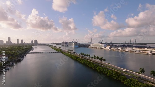 Wallpaper Mural Aerial view of MacArthur Causeway, where emerald green trees meet the deep blue sea near the port, Miami, Florida, United States. Torontodigital.ca