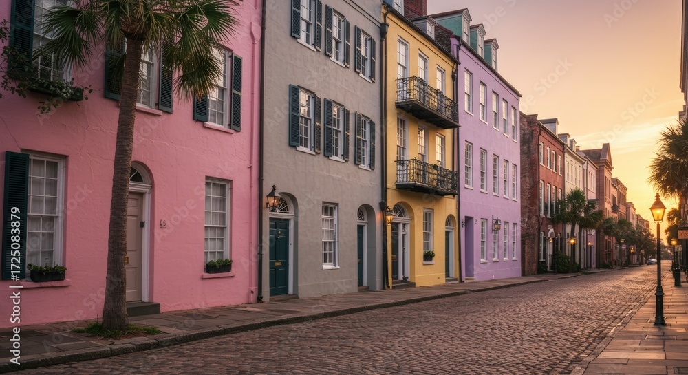 Fototapeta premium Colorful row of historic buildings at dawn