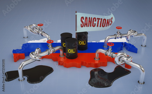 Oil barrels on the map of Russia and pipelines tied in knots symbolize sanctions and restrictions on energy exports. 3D render.