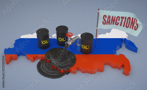 3D concept of economic sanctions on Russian oil. The pipe from which oil is poured onto the map of Russia symbolizes the trade embargo and geopolitical crisis.
