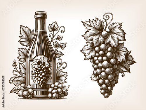 wine bottle beside a detailed grape cluster, symbolizing vineyards and winemaking tradition sketch engraving generative ai vector illustration. Scratch board imitation. Black and white image.