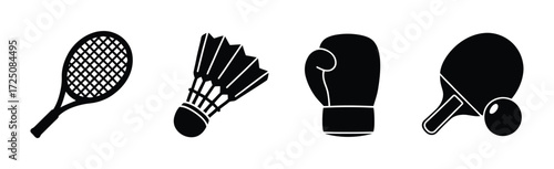 Get Active with This Versatile Sports Equipment Collection Featuring a Tennis Racquet, Badminton Shuttlecock, Boxing Glove, and Ping Pong Paddle Ready for Your Next Competition or Fitness Campaign