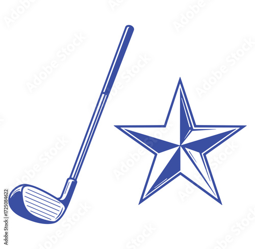 Blue golf club and star graphic isolated on white background for sporty design