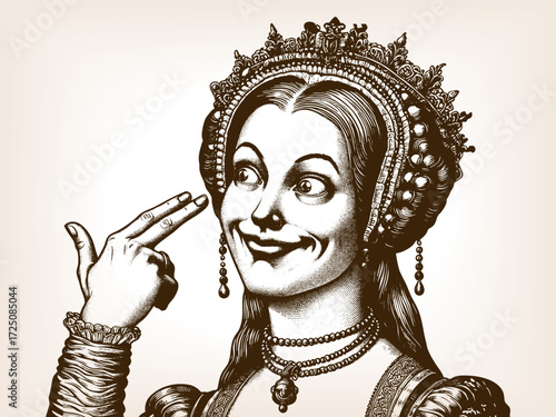 Renaissance woman, smiling with a playful, exaggerated expression while making a humorous hand gesture sketch engraving generative ai vector illustration. Scratch board. Black and white image.