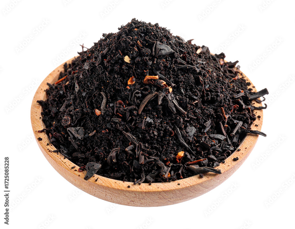 Fototapeta premium Pile of dark black tea powder isolated on white, ideal for strong, concentrated tea flavors.