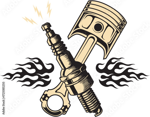 Retro Hot Rod Piston and Spark Plug Emblem Graphic Art Illustration editable vector transparent Background for t-shirt mug wall stickers wallpaper sticker design multipurpose high definition fomate