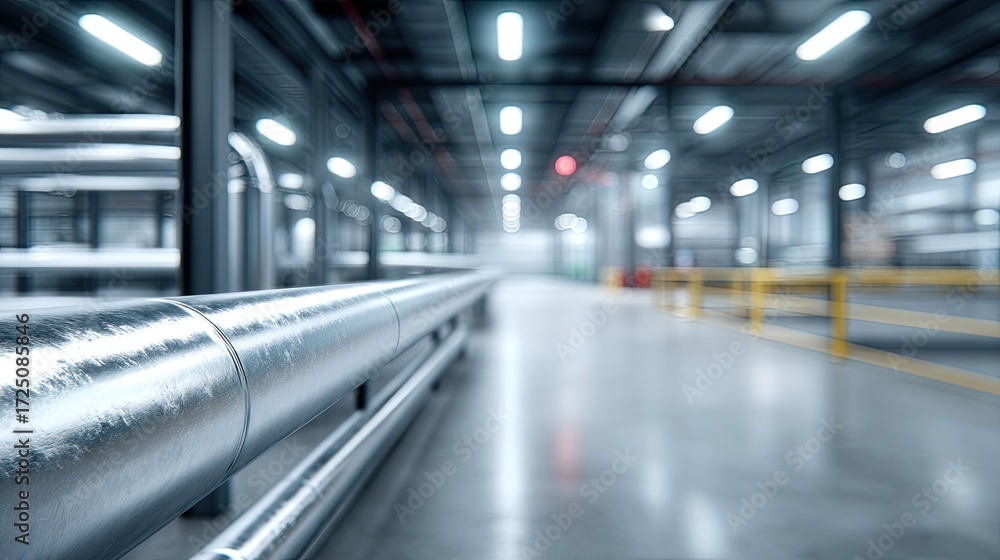 Fototapeta premium Industrial Silver Pipes System in a Warehouse with Fluorescent Lighting and Concrete Floor Cinematic HDR