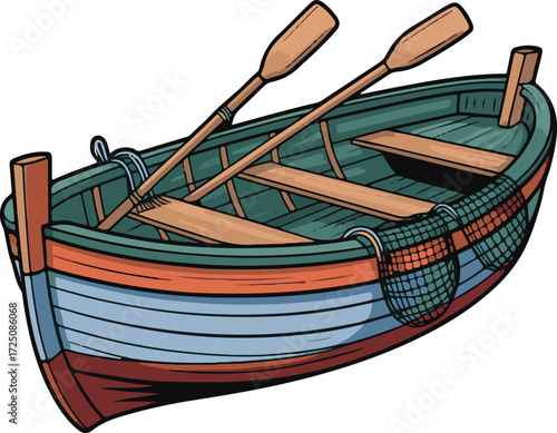 Classic Rowboat Illustration Wooden Vessel Oars Water Transport Design Art