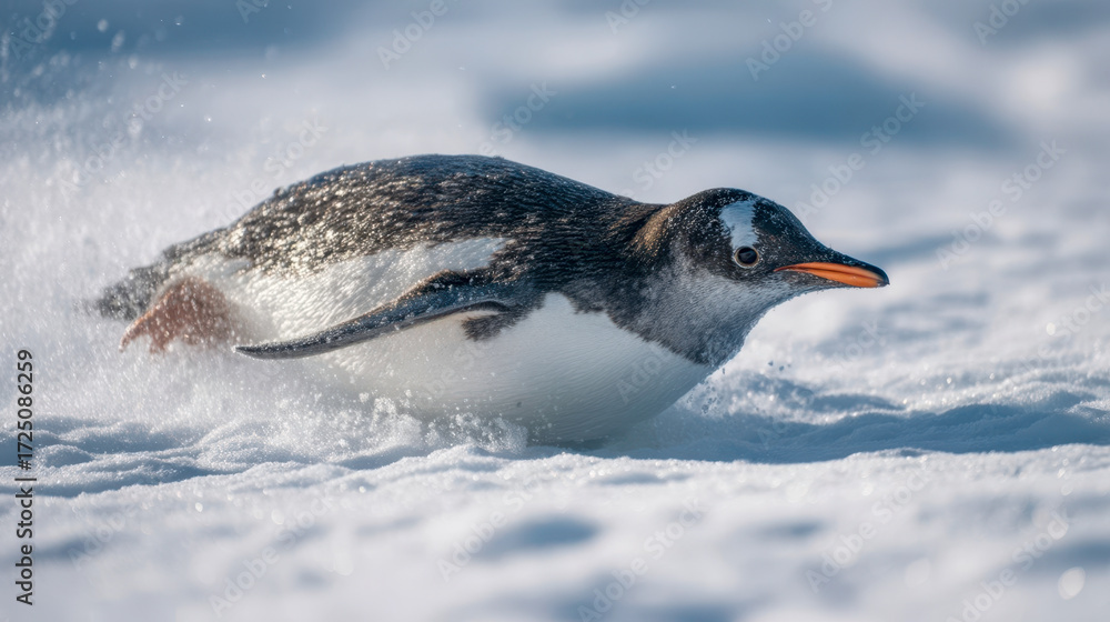 Fototapeta premium A Gentoo penguin slides through the snow on its belly in a time-lapse video of winter wildlife