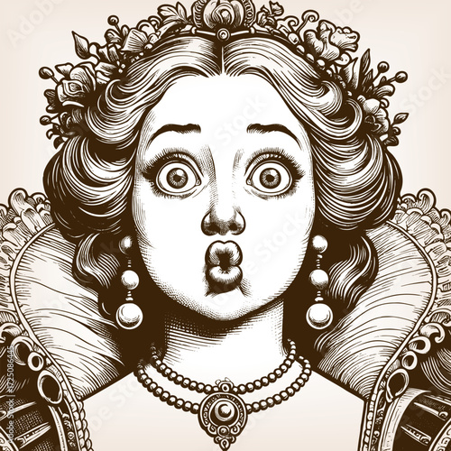 royal queen wearing an ornate crown and jewelry, with wide eyes and surprised expression sketch engraving generative ai fictional character vector illustration. Scratch board. Black and white image.