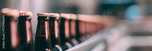 Effervescent brown bottles march in chrome assembly, evoking Oktoberfest's boisterous cheer through industrial whispers and holiday toasts