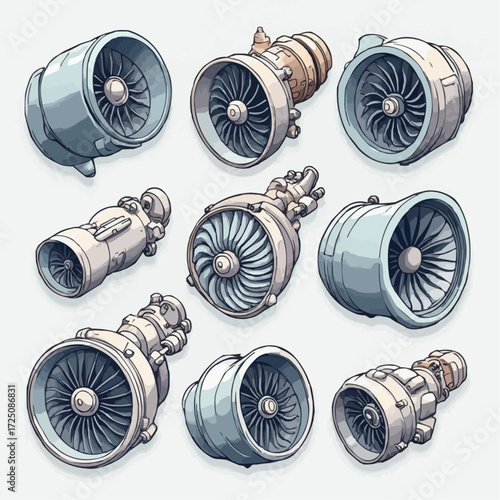 A collection of stylized jet engine and aircraft turbofan illustrations, isolated for engineering and aerospace design