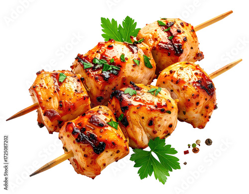 Golden-brown chicken skewers, garnished with fresh herbs and spices