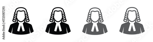 Vector art of digital illustration of four judges wearing wigs in different shades of black and gray, , symbolizing justice, law, and legal professions