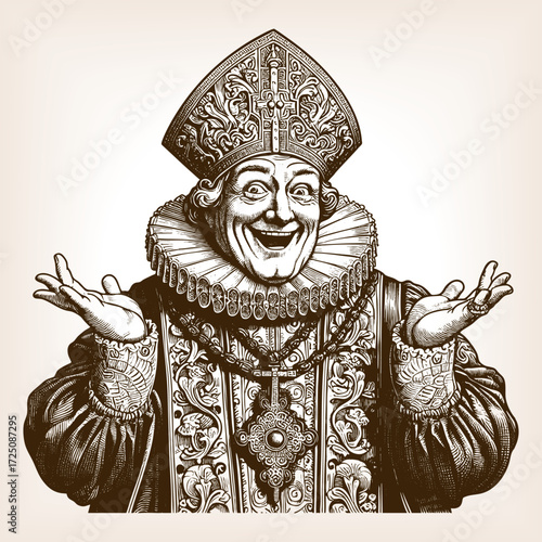 smiling bishop in elaborate ceremonial robes and ornate headdress, shrugging playfully with raised hands sketch engraving generative ai fictional character vector illustration. Scratch board imitation