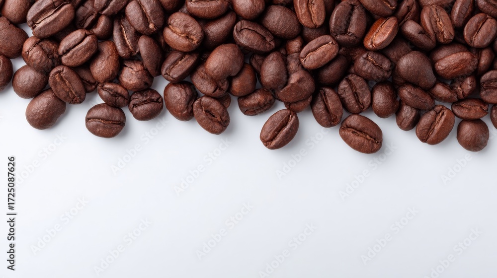 Naklejka premium Rich espresso beans cascade like aromatic whispers over snowy porcelain, evoking National Coffee Day and Cafe Culture Week