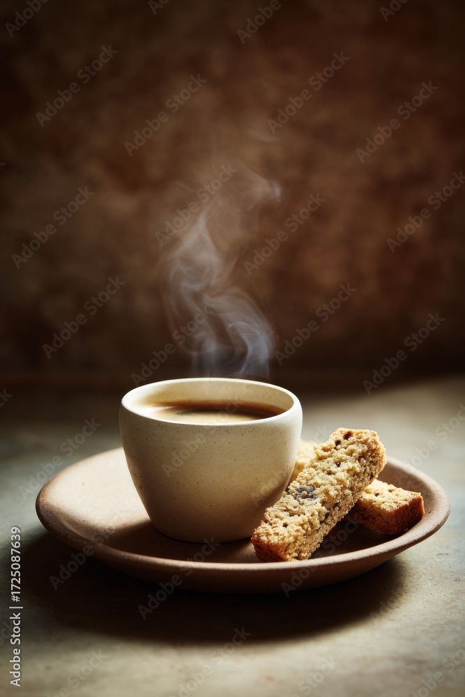 Fototapeta premium Steaming espresso with biscotti whispers 'hygge' coziness, perfect for International Coffee Day or Italy's Festa del Caffe