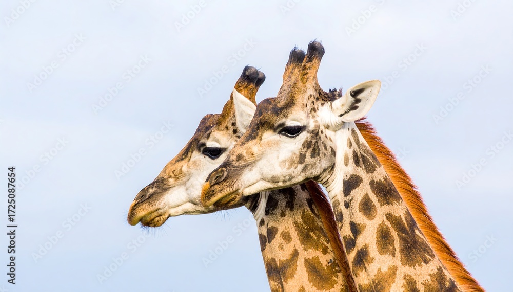 Obraz premium Two giraffes' heads against a pale sky