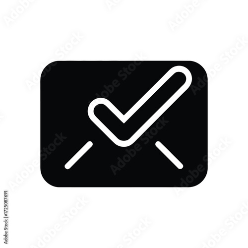 Black Email Envelope Icon with White Checkmark and White Background for Design