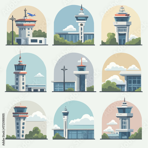 A collection of modern airport control towers, each with unique architectural designs, set against stylized backdrops of sky and greenery
