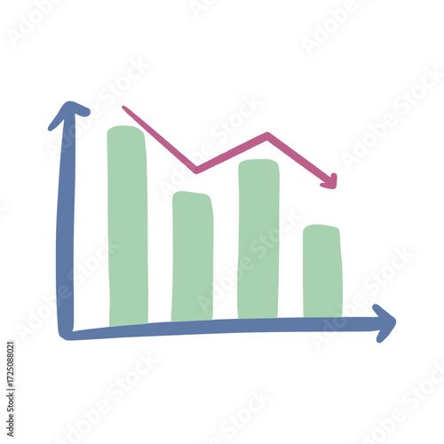 Hand-drawn Bar Graph with Declining Arrow Business decline chart illustration, falling bar and line graph vector
