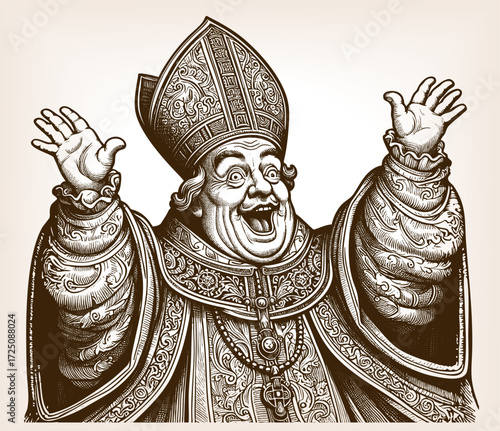 smiling bishop in elaborate ceremonial robes and ornate headdress, shrugging playfully with raised hands sketch engraving generative ai fictional character vector illustration. Scratch board imitation