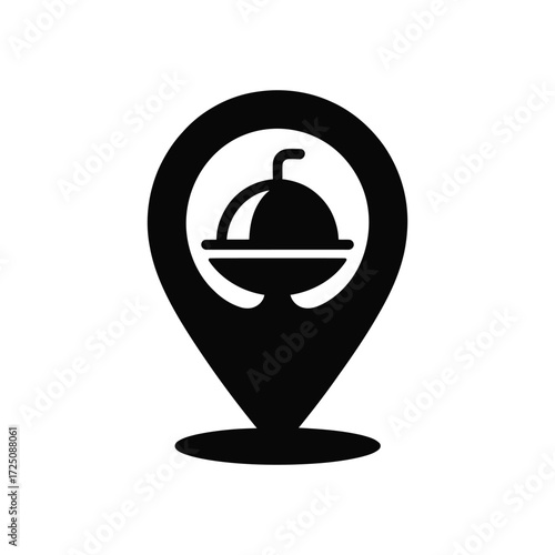 Black Food Dome Icon Inside Location Pointer Representing Restaurant and Food Delivery on White