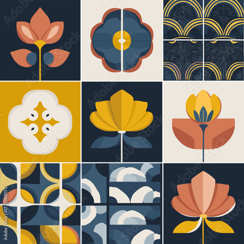 Traditional floral geometric pattern set with ornamental motifs
