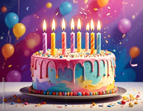 Colorful Birthday Cake with Candles and Balloons.