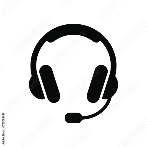 Black Headset Icon With Microphone on White Background for Customer Support and Communication