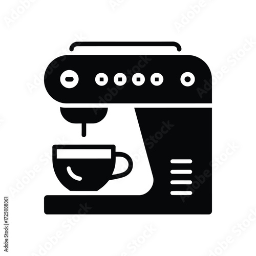 Black Icon Depicting Coffee Machine Dispensing Drink into Cup, White Background